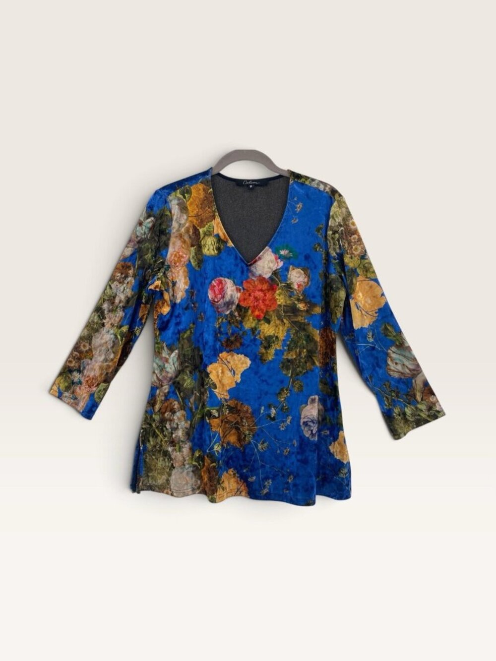 Calessa Women Size M Floral Print Velvet Knit V-Neck 3/4 Sleeve Tunic